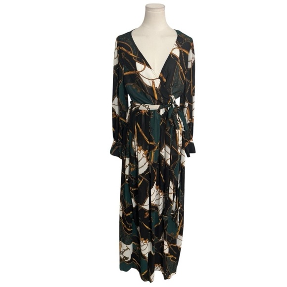 Love Culture Dresses & Skirts - LOVE CULTURE Wrap Style Green Maxi Dress Size M Gold Chain Print V Neck Party